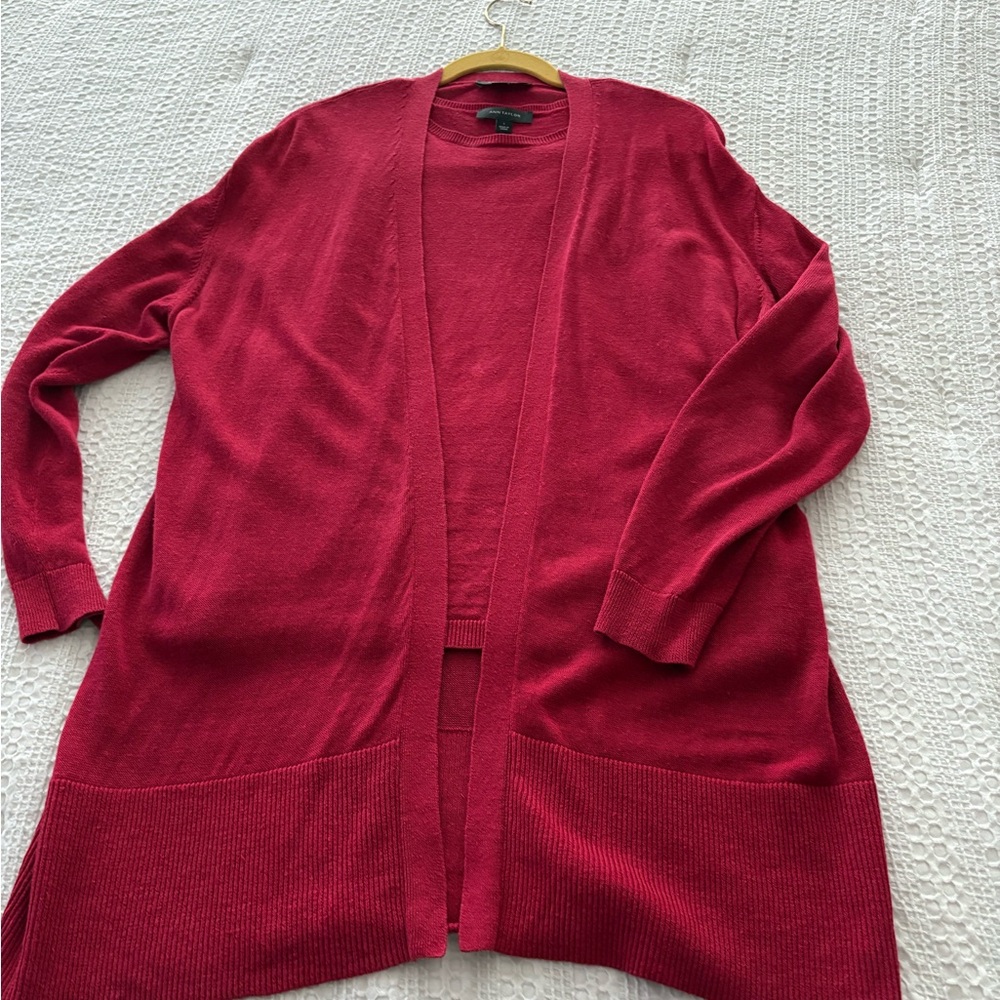 Ann Taylor Rich Red Open Front Cardigan Sweater Set